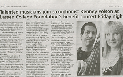“Talented musicians join saxophonist Kenney Polson at Lassen College Foundation’s benefit concert Friday night”